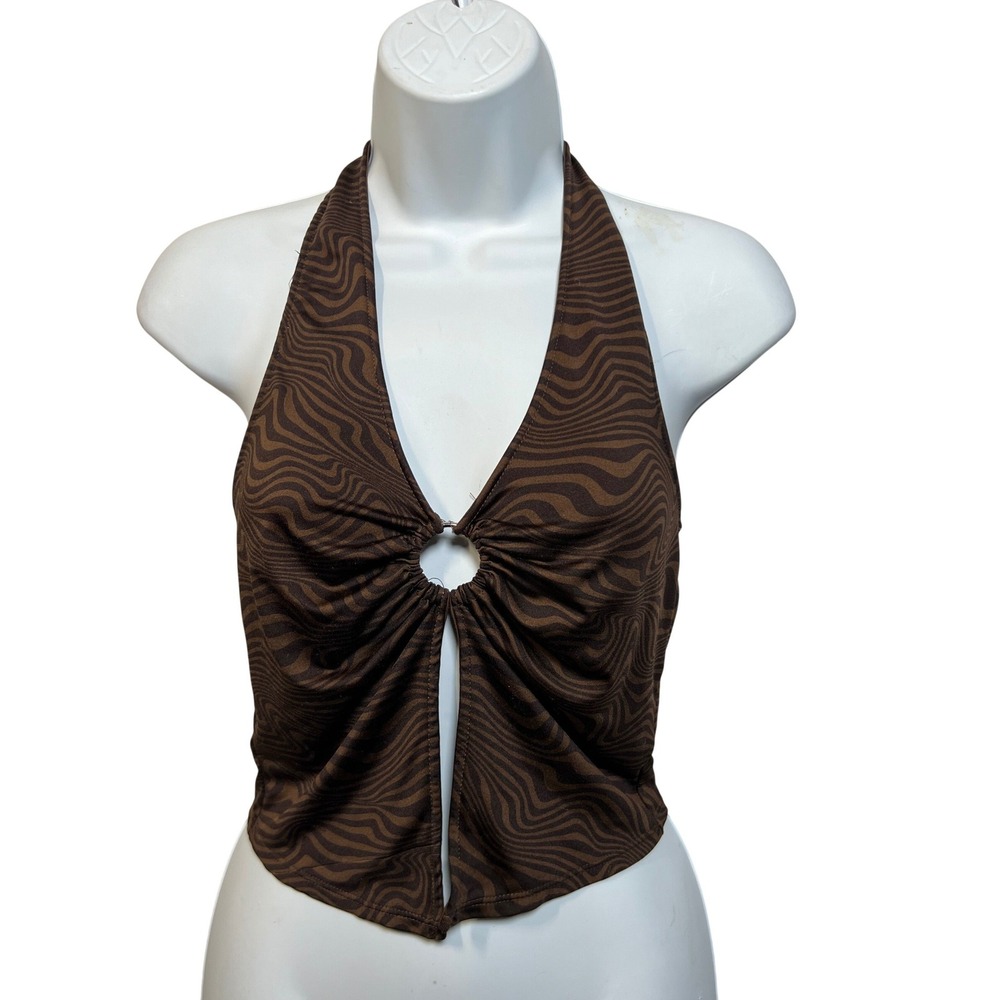 H&M Divided Brown Swirl Psychedelic O-Ring Halter‎ Top Small Retro Festival Y2K